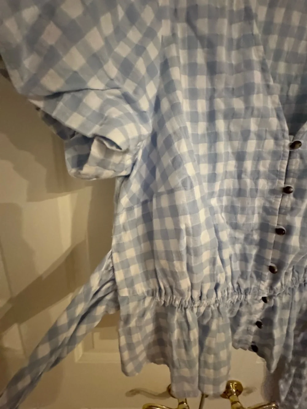 Anthropologie Light Blue and White Gingham Button-Front Tie-Waist Blouse